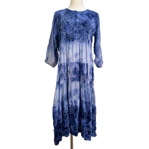 Vintage Velvet Midi Tiered Dress Blue Tie Dye Whimsical - Picture 1 of 9